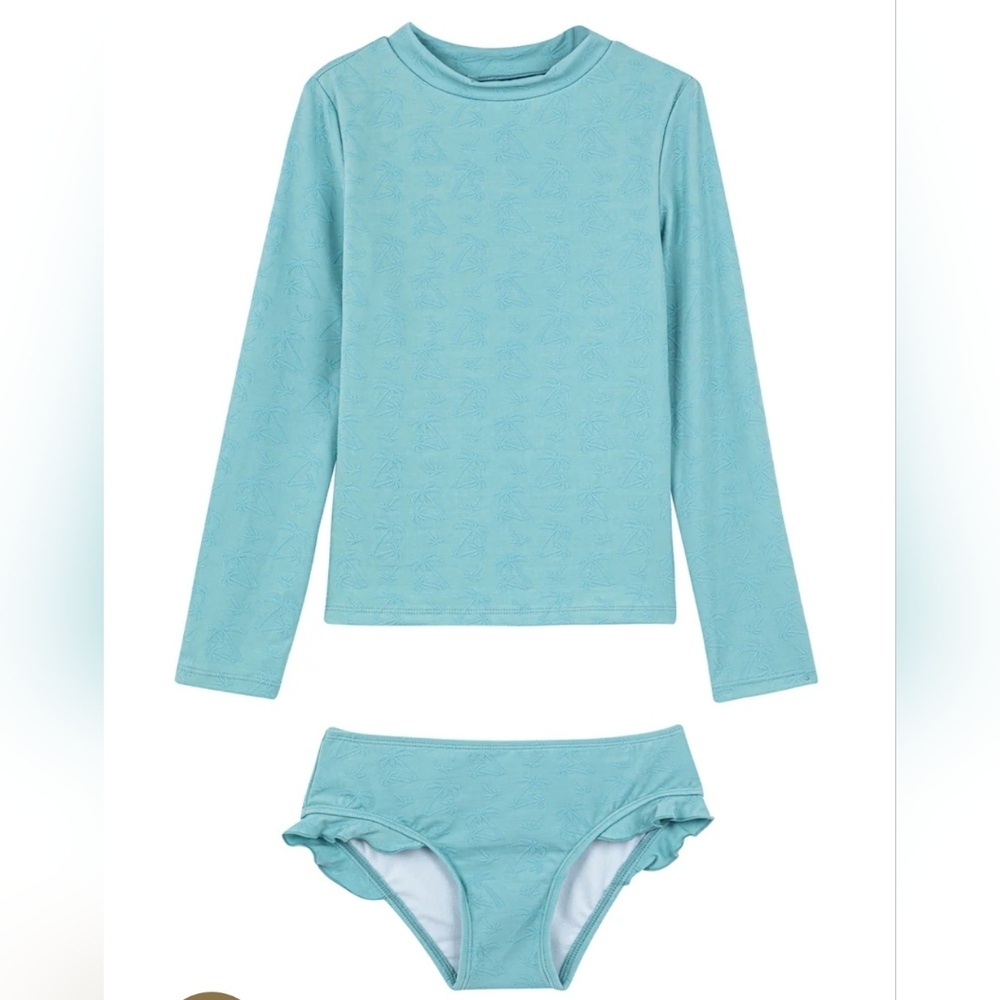 Gottex Kids Swim Set Long Sleeve Rashgaurd Teal Blue Palm Print Size 5 NEW